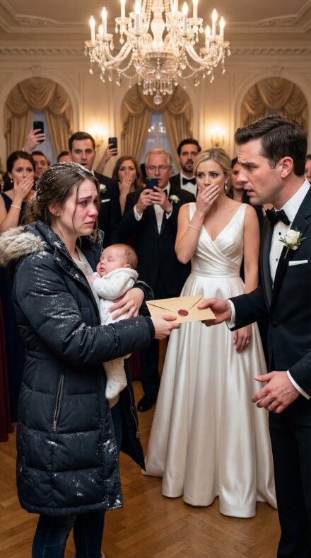 Six weeks after Mason shoved me and our newborn into a whiteout, I was still hearing his last words: “You’ll be fine. You always survive.” Now I stood at the back of his glittering wedding, my baby sleeping against my chest and a sealed envelope burning in my hand. When he spotted me, his smile cracked. “What are you doing here?” he hissed. I whispered, “Giving you what you forgot… and taking what you stole.” Then the music stopped.