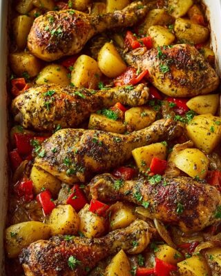 One-Pan Herb Baked Chicken Drumsticks with Juicy Potatoes & Peppers