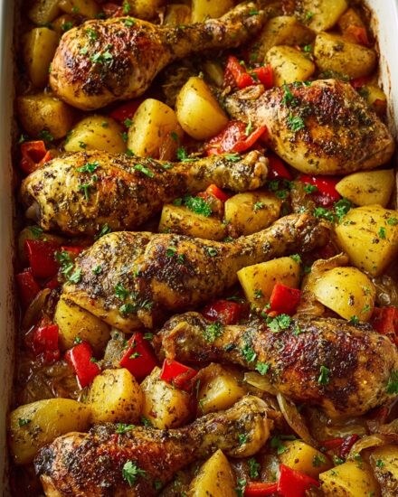 One-Pan Herb Baked Chicken Drumsticks with Juicy Potatoes & Peppers