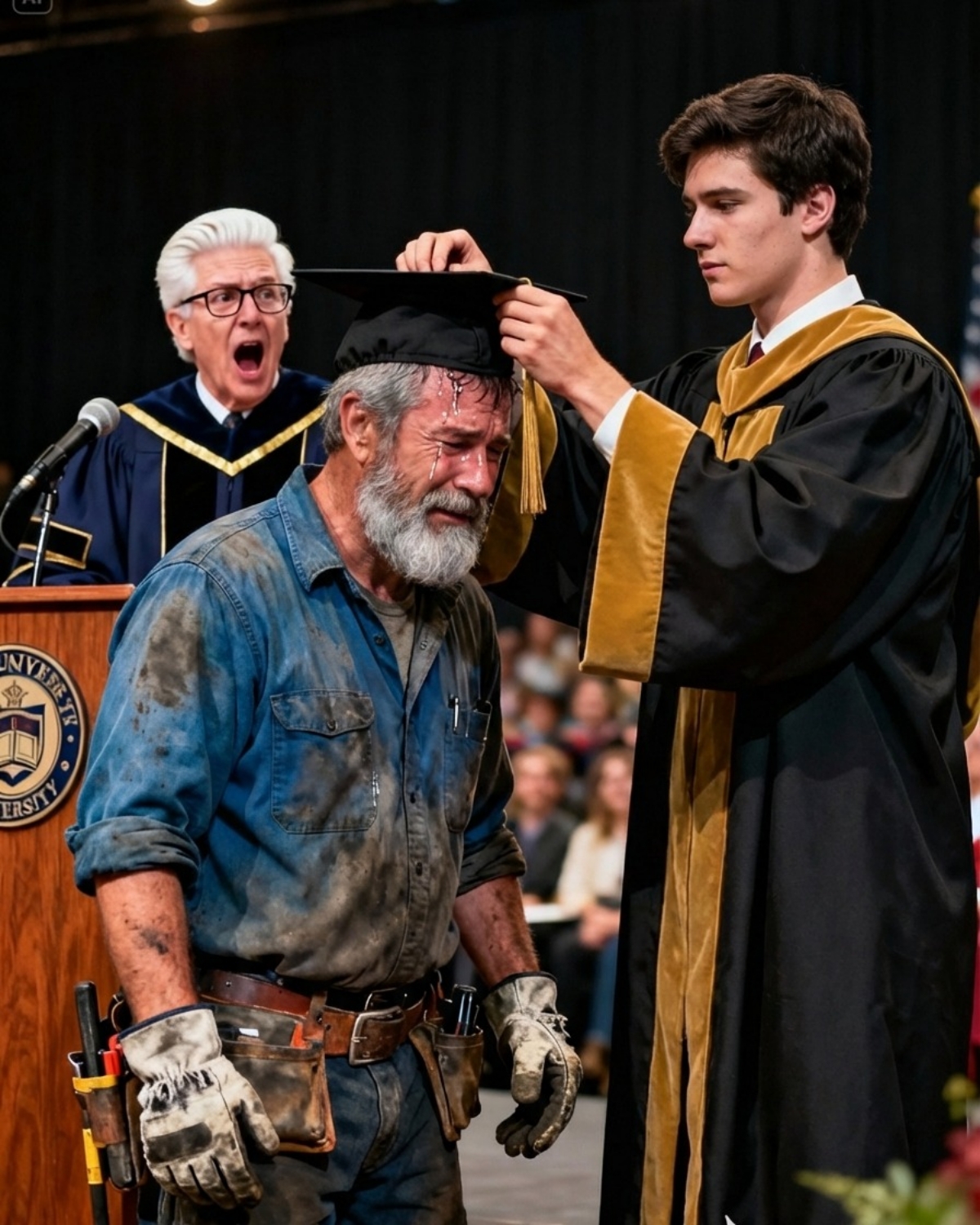 For 25 years, my stepfather labored as a construction worker, raising me with the dream of a PhD. At my graduation, the professor’s look of recognition left everyone stunned.