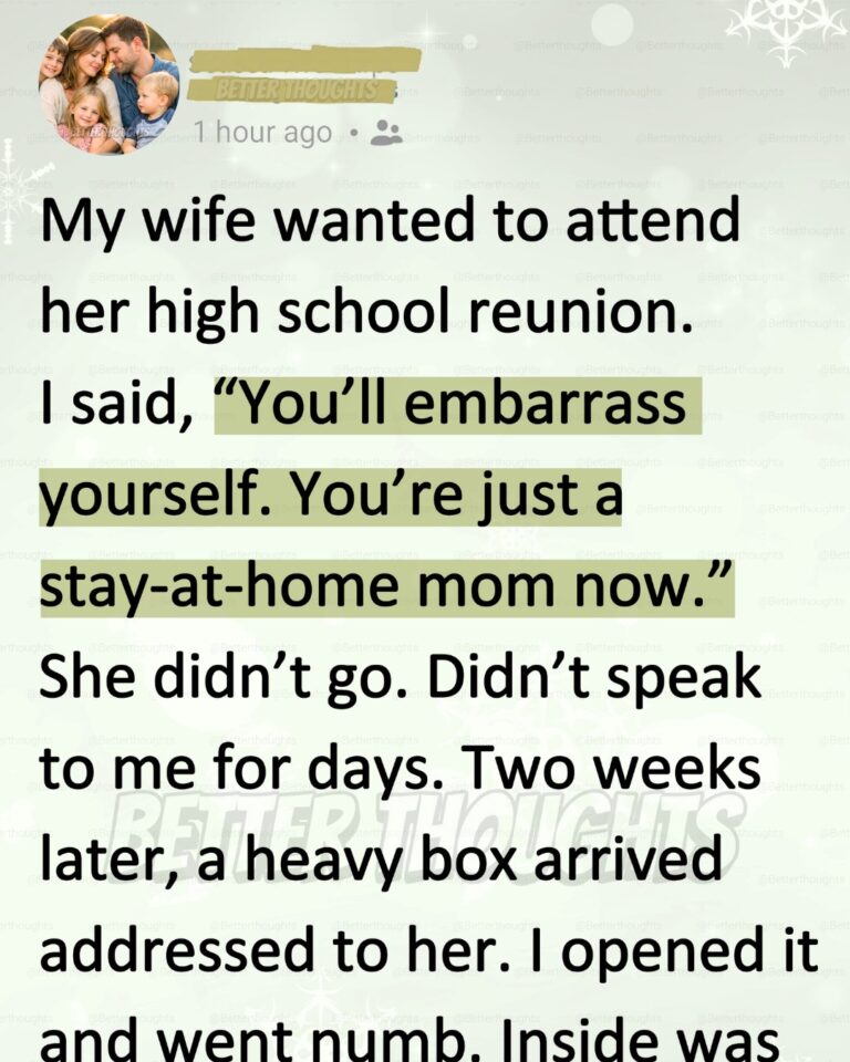 I Called My Wife ‘Just a Stay-at-Home Mom’ and Stopped Her From Going to Her Reunion—Then a Box Arrived That Left Me Numb