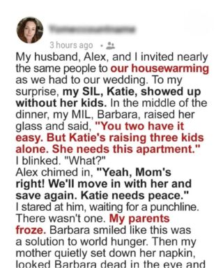 At Our Housewarming Party, My Husband and His Mother Insisted We Hand Over Our Apartment to His Sister — Until My Mom Said One Sentence That Silenced the Room.