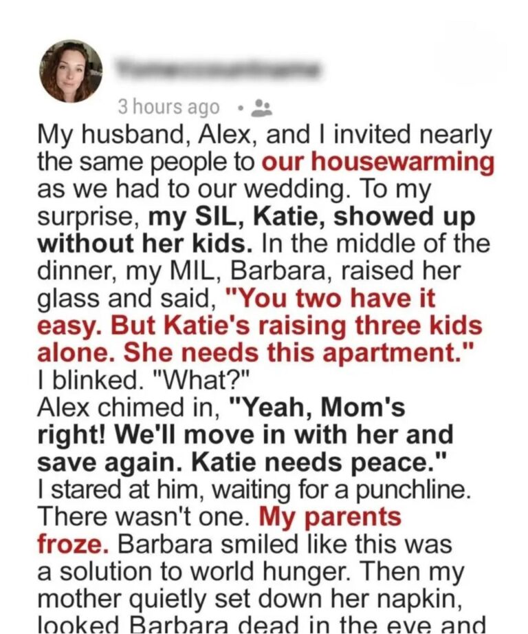 At Our Housewarming Party, My Husband and His Mother Insisted We Hand Over Our Apartment to His Sister — Until My Mom Said One Sentence That Silenced the Room.