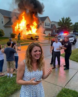 On my anniversary, my billionaire parents gifted me a sports car. The next day, my husband came to my office and demanded the keys, saying, “This sports car is mine.” When I refused, he angrily left the office. A few hours later, he called me, laughing, “I burned your dream sports car.” I rushed to the house, but when I arrived, I couldn’t control my laughter because the car he burned was…