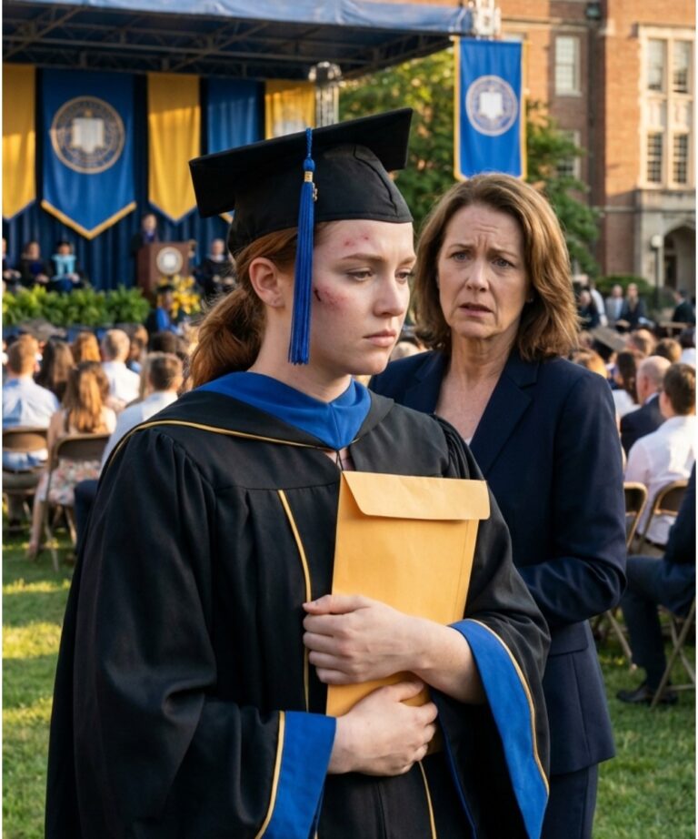At my graduation, my father suddenly announced he was cutting me out. “You’re not even my real daughter,” he said. The room fell silent. I walked to the podium, smiled, and said, “Since we’re revealing DNA secrets…” Then I opened the envelope — and his wife turned pale.