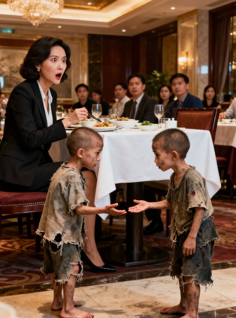 Two homeless twins approached a millionaire’s table and asked, « Madam, could we have some of your leftovers? » The millionaire looked up in astonishment: the boys were the spitting image of the two sons she had been searching for since their disappearance…