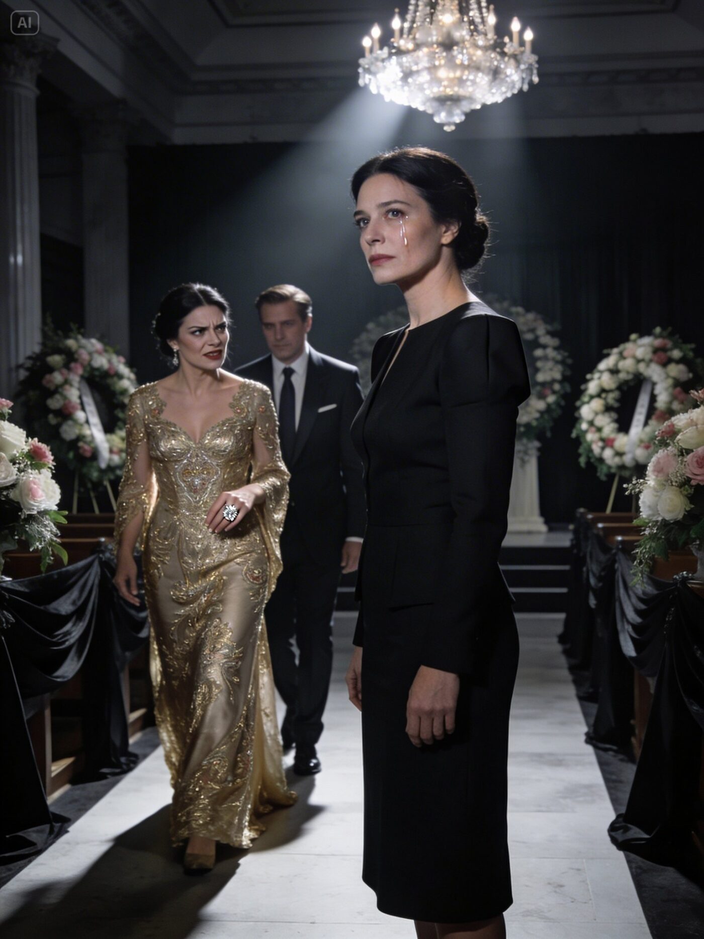At my mother’s funeral, my sister walked in with the millionaire fiancé she stole from me—flashing her diamond like a trophy. She sneered, “Poor you, still alone at 38… I got the man, the money, and the mansion.”
