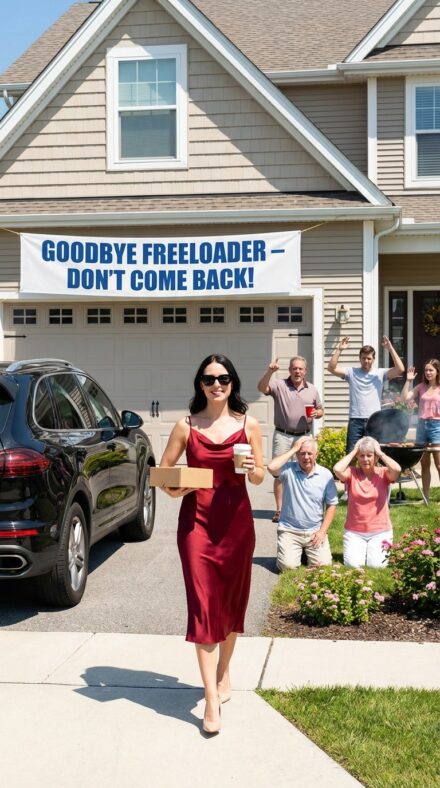 My father threw a BBQ to celebrate kicking me out. I pulled up to grab my last box and saw a huge banner over the garage: “Goodbye freeloader – don’t come back!”. My uncle was wasted screaming from the patio: “30 years old and no career! Your poor mother had to feed your lazy ass for years!”. My sister threw a hot dog at my car: “There’s your last free meal, loser!”. Even the kids were laughing and pointing. I didn’t react. Grabbed my box. Walked back to my car. Took a photo of that banner with everyone partying underneath. Two weeks later, Sister: “Talk now”. Uncle: “Sweetie I was drunk I didn’t mean any of it.” Dad: “Call me back. Please. I’m begging you”.