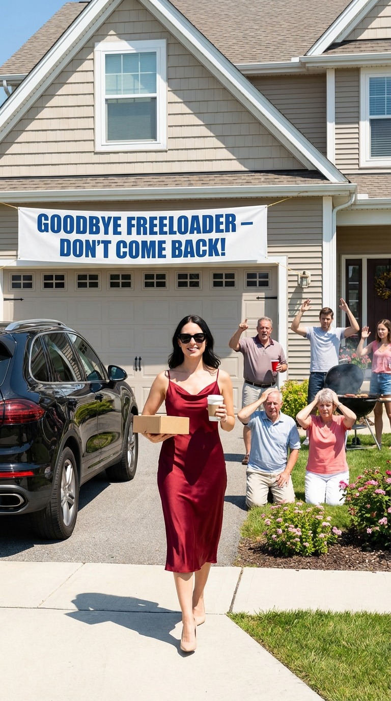 My father threw a BBQ to celebrate kicking me out. I pulled up to grab my last box and saw a huge banner over the garage: “Goodbye freeloader – don’t come back!”. My uncle was wasted screaming from the patio: “30 years old and no career! Your poor mother had to feed your lazy ass for years!”. My sister threw a hot dog at my car: “There’s your last free meal, loser!”. Even the kids were laughing and pointing. I didn’t react. Grabbed my box. Walked back to my car. Took a photo of that banner with everyone partying underneath. Two weeks later, Sister: “Talk now”. Uncle: “Sweetie I was drunk I didn’t mean any of it.” Dad: “Call me back. Please. I’m begging you”.