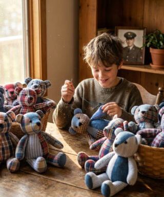 My son sewed 20 teddy bears from his late dad’s shirts for charity. At dawn, 4 deputies showed up—but they didn’t come to arrest him. What they pulled out of their cruiser left me in tears.
