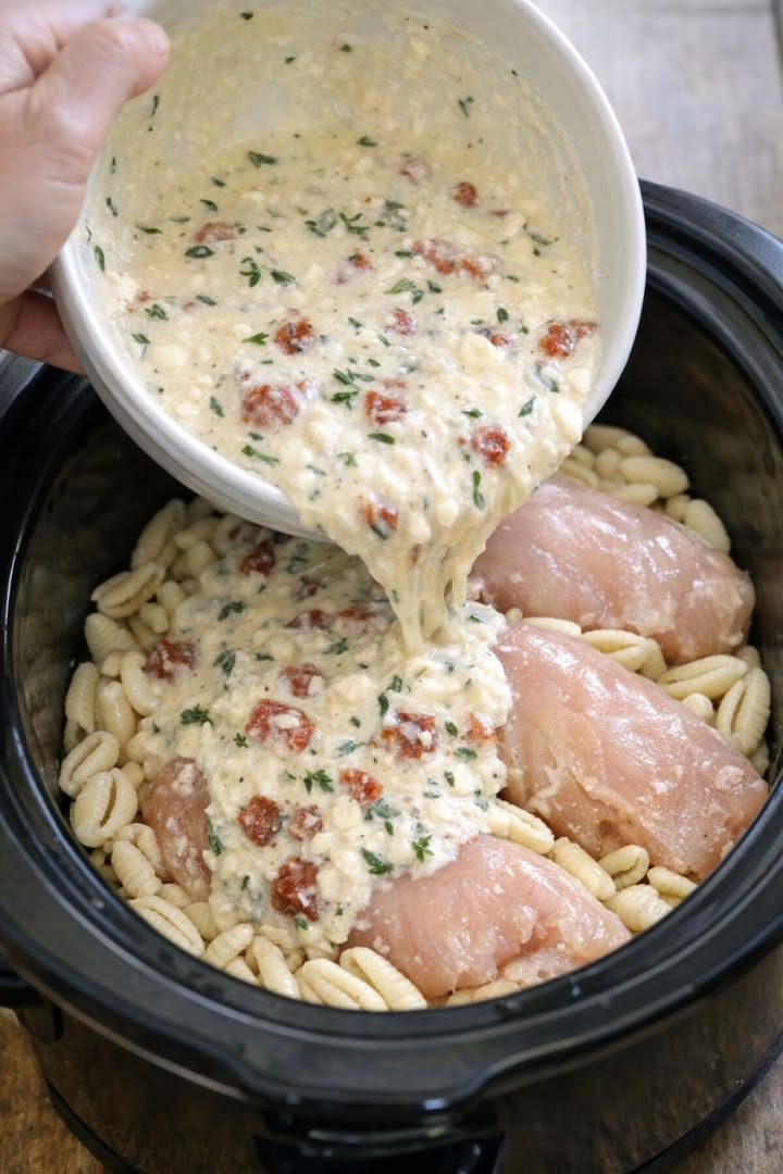 Pour this 1 mixture over raw chicken and cavatelli into a slow cooker for a weeknight treat that is surprisingly irresistible