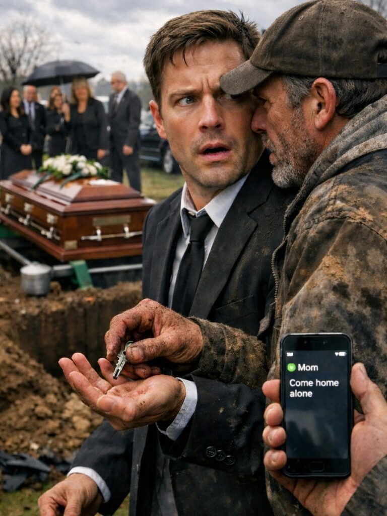 At my father’s funeral, the gravedigger pulled me aside: “Sir, your dad paid me to bury an empty coffin.” I said, “Stop joking.” He slipped me a key and hissed, “Don’t go home. Go to unit 17—NOW.” My phone buzzed. Mom texted, “Come home alone.”…