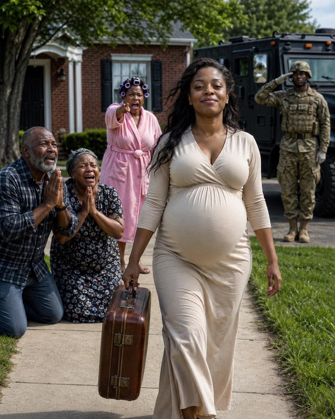 Hours after my husband’s funeral, Mom pointed at my 8-month pregnant belly. “Your sister’s rich husband is moving in. Go sleep in the 10-degree garage,” she spat. My Dad sneered: “Your crying ruins our vibe.” I smiled coldly and whispered, “Okay.” They thought I was a helpless widow. But the next morning—when armored military SUVs and Special Forces squad arrived to escort me away—my family went completely pale…
