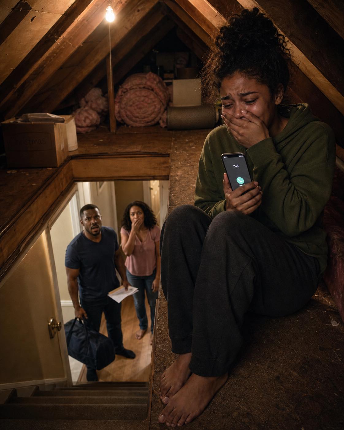 My sister called me at midnight and whispered, “Turn off every light. Go to the attic. Don’t tell your husband.” I thought she was losing her mind — until I looked through the floorboards….