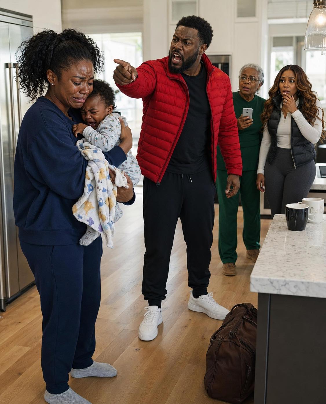 I had been gone for five days, but nothing prepared me for what I saw when I opened the door: my wife juggling dinner and our sick toddler, while my mother and sister sat nearby on their phones.