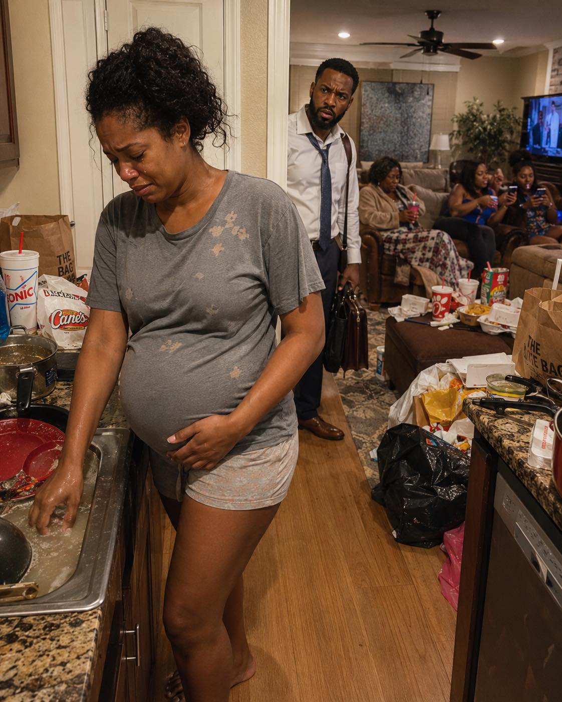 He came home at 10 P.M. and found his 8-MONTH PREGNANT WIFE WASHING DISHES ALONE while his family laughed in the living room … but after discovering they had THROWN AWAY HER MEDICATION, he looked at them and said, “Your comfortable life ends tonight” …