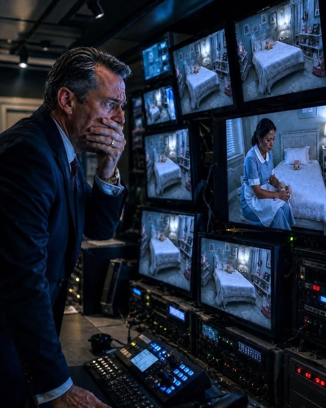 The billionaire pretended to go to Europe… But what he saw on the hidden cameras between his housekeeper and his daughters left him frozen. The billionaire turned off the lights in his mansion, picked up his suitcase, and kissed his daughters goodbye, as if nothing had happened. “I’ll only be gone for a few days,” he told them with a calm smile. “Be good.” The girls hugged him tightly. They had no idea he was lying. The plane never took off. There was no business trip. No Europe. No hotel suite waiting for him abroad. Instead, less than an hour after his car left through the front door, the most powerful man in the city returned home through the back door, in complete silence, with only his head of security by his side. He wasn’t there to surprise anyone. He was there to observe. Because the poison had already been planted. The night before, his fiancée had leaned across the table, lowered her voice, and whispered something that had stuck in his mind. “You trust that maid too much,” Patricia had said softly. “She’s stealing from you. And worse… she’s manipulating your daughters.” That phrase haunted him all night. Not because he immediately believed it. Because a part of him feared it was true. For years, Emiliano Duarte had trusted the young woman who cleaned his house and looked after his daughters when he was away. Rosa had always been quiet, careful, respectful. The kind of person most wealthy families never saw. She moved through the house like a shadow, never seeking attention, never meddling where she didn’t belong. But Patricia had started making small comments. At first, they seemed harmless. Then they began to accumulate. “I realized one of my bracelets wasn’t where I’d left it.” “The girls seem more attached to her than to anyone else.” “She’s too comfortable here.” “She knows too much.” “She acts like she doesn’t exist, and those are the dangerous ones.” At first, Emiliano had ignored it. But doubt is strange. It doesn’t break down the door. It slips through the cracks. And once inside, it starts to change everything. Soon he found himself reliving moments that had never bothered him before. The way Rosa knew exactly how Martina liked her sandwiches. The way Daniela would run to meet her first thing after school. The way both girls seemed more at ease with Rosa than with anyone else in the house. Before Patricia’s accusations, those things would have seemed like kindness. Afterward, they looked different. Suspicious. Threatening. Mistakes. So Emiliano made a decision. During dinner, he announced a last-minute trip to Europe. “I have to leave tomorrow morning,” he said, barely touching his food. Daniela looked up first. “Again?” She didn’t say it aloud, but the disappointment in her voice resonated more strongly than if she had shouted. Martina remained silent. She simply gripped her spoon and stared at her plate. For a moment, Emiliano felt a knot in his stomach. Guilt, perhaps. But he ignored it. “Just a few days,” he said. Patricia smiled beside him, a serene and elegant smile, and took his hand under the table like the perfect wife. Rosa stood near the kitchen entrance, silently clearing the table, her expression unreadable. The next morning, the driver loaded Emiliano’s suitcase into the car. His daughters hugged him at the door. “I love you, Dad,” Martina whispered. He kissed both of their foreheads, forced a smile, and got into the car. As the car drove away, he glanced back once through the tinted window. The girls stood on the doorstep watching him leave. Behind them, inside the house, Rosa held a breakfast tray and lowered her gaze respectfully when she noticed him watching her. It was the scene of an ordinary goodbye. A father leaving. A family settling into routine. Nothing out of the ordinary. Except that everything was arranged. Thirty minutes later, Emiliano had returned. He entered through a service entrance at the back of the mansion, while the staff believed he was already halfway to the airport. No footsteps. No words. Without warning. His head of security led him down a private corridor to a locked monitoring room, rarely used except for system checks and high-level security reviews. Inside, a wall of screens illuminated the darkness. The kitchen. The foyer. The formal living room. The upstairs hallway. The back garden. The playroom. The breakfast nook. Every angle. Every corner. Every little secret scene within the house he had built and financed, and which, somehow, he had never quite come to understand. “The cameras are live,” the guard said quietly. Emiliano nodded and sat down. “I want to see what happens when they think I’m gone.” At first, nothing seemed out of the ordinary. Rosa cleared the breakfast table. The girls finished their milk. A housekeeper brought up the folded towels. One of the gardeners crossed the yard. Everything seemed painfully normal. For a few minutes, Emiliano almost felt foolish. Maybe Patricia had been wrong. Maybe he’d let suspicion make him seem smaller than he wanted to be. Maybe he was sitting in a dark room spying on an innocent woman because fear had weakened him. Then the front door clicked shut for the last time after the last employee of the morning walked through the hall. And Patricia appeared in the living room. The change in her face was instantaneous. No warm smile. No refined grace. No sweet, understanding fiancée demeanor. It was like watching a mask slip off her face in real time. Her whole body changed. The sweetness vanished from her expression, replaced by something colder. Something sharp. Annoyed. Impatient. Cruel. Emiliano leaned forward. On the screen, Daniela sat on the rug with an open book in her lap. Martina was beside him, clutching a stuffed rabbit. Patricia approached slowly. “What did I tell you about sitting here?” she snapped. Both girls jumped. They weren’t scared. Conditioned. That’s what chilled Emiliano’s blood. They weren’t children reacting to a raised voice for the first time. They were children who knew exactly what was coming next. Daniela closed her book immediately. Martina lowered her gaze. Patricia snatched the rabbit from the girl’s hands and threw it onto the sofa. “I’m tired of repeating myself,” she said. “When your father isn’t around, you’ll do what I say the first time.” Martina’s lip trembled. Daniela moved a little closer to her sister. And in the monitoring room, Emiliano held his breath for a moment. Because his daughters weren’t behaving like children being corrected by a future stepmother. They behaved like children who were afraid of him. Then Rosa entered the room. She had probably heard Patricia’s voice from the hallway. She entered carefully, without aggression or confrontation, simply protecting them enough to stand between Patricia and the girls without being noticed. “Miss Patricia,” Rosa said gently, “the girls haven’t done anything wrong.” Patricia turned toward her so quickly it almost seemed violent. “Did I ask for your opinion?” Rosa remained motionless. “No, ma’am.” “Then remember your place.” The room fell silent. On the screen, Daniela had reached out to Martina. Emiliano stared at that small detail longer than anything else. Not the argument. Not Patricia’s face. Not even Rosa’s intervention. It was the way his daughters immediately sought each other out. As if this had happened before. As if they already knew how to prepare for it. And suddenly, Emiliano felt nauseous. Because for all those months, Patricia had been whispering in his ear that Rosa was dangerous… He’d never wondered why his daughters had become quieter. Why they looked at him with that strange mix of love and distance. Why the house had started to feel colder long before he admitted it.