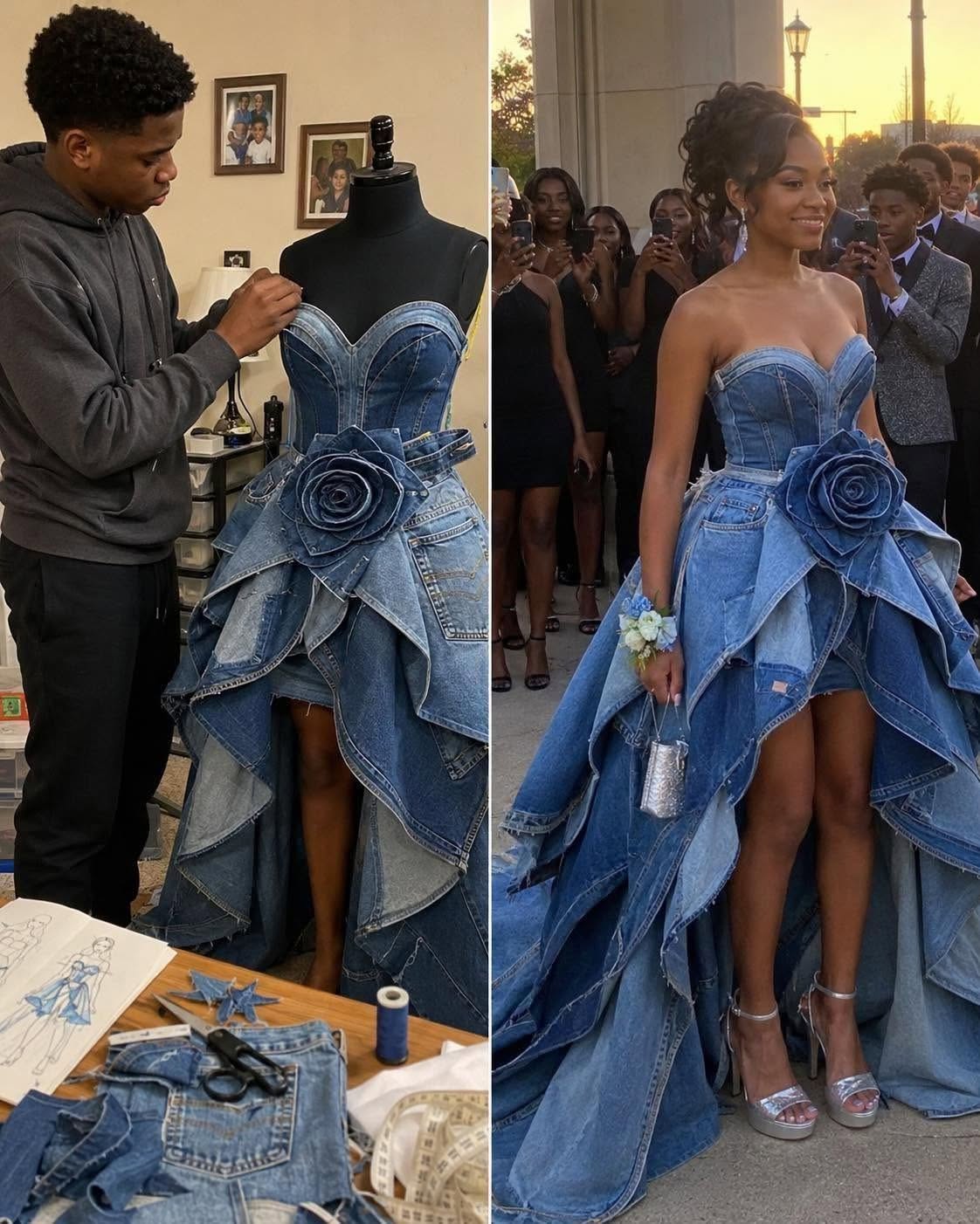 My stepmother refused to pay for my prom dress, so my brother made one with the old jeans of our deceased mother, but when I walked into the
