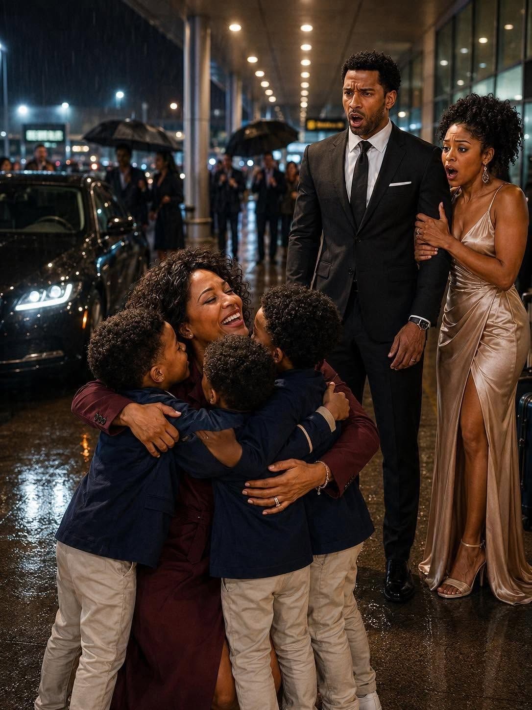 “My billionaire ex-husband sat beside me on a flight just to shame me—then three little boys stepped out of a Bentley and ran toward me,