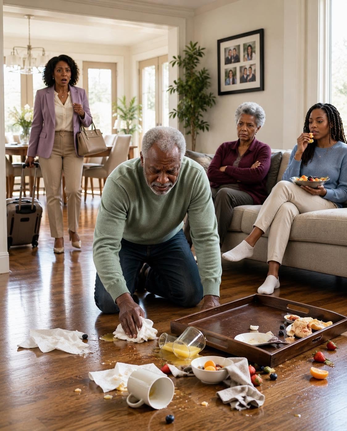 Woman returned early from a business trip and found her father kneeling on the floor cleaning, while her mother-in-law mocked him: “This hous