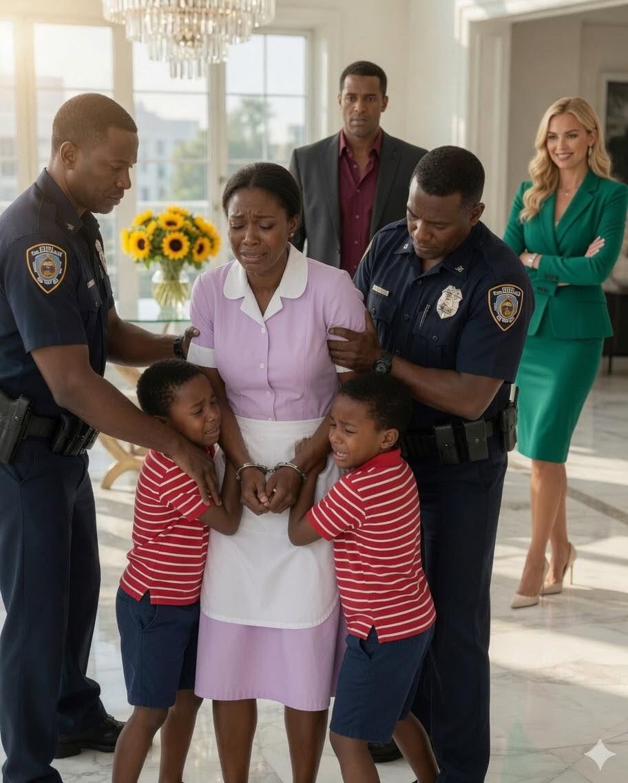 My six-year-old twin boys screamed in panic while police officers placed handcuffs on their nanny. “She st0le from this family,” my wife smirked coldly as the officers pulled the sobbing woman toward the front door.