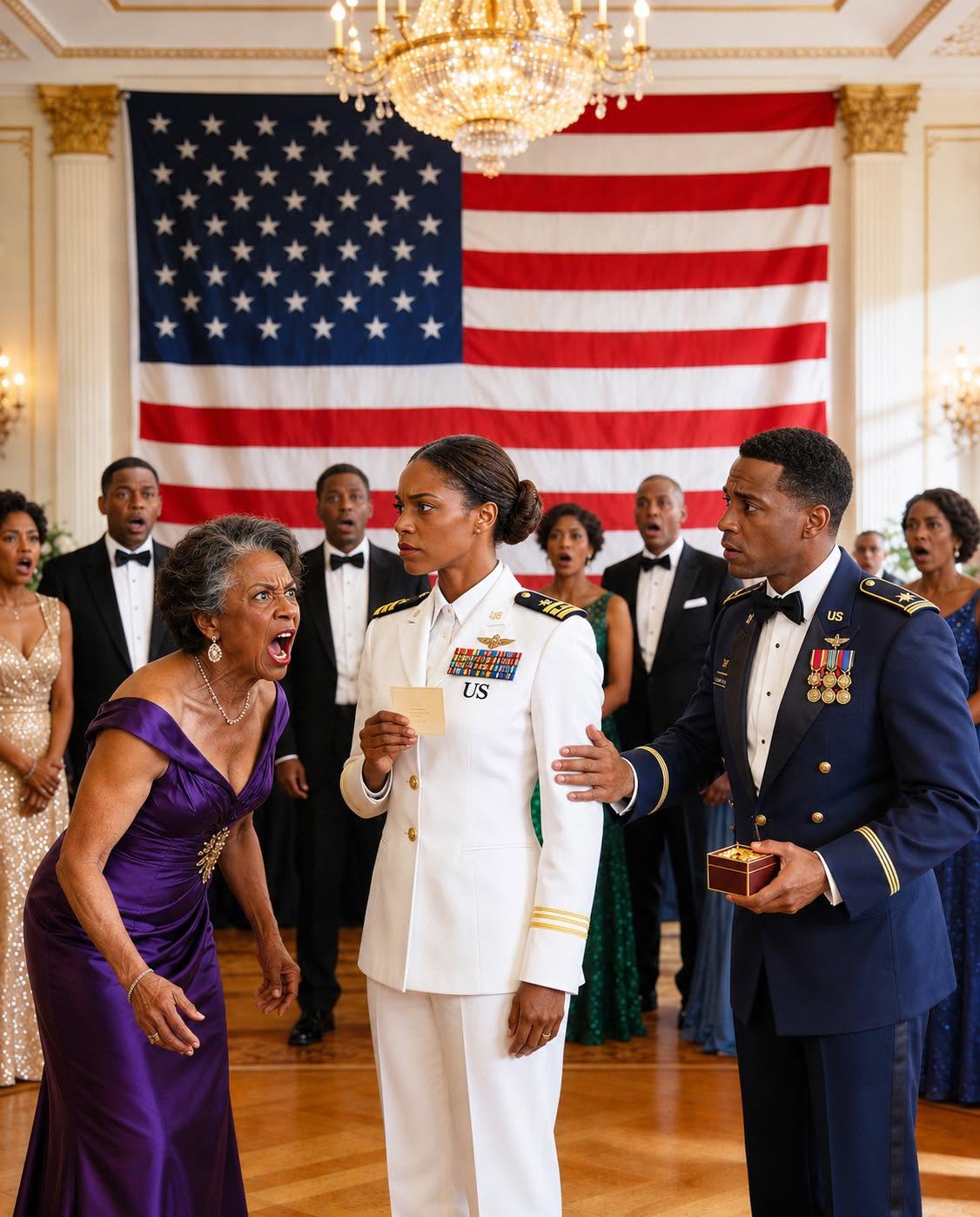 At my husband’s military ball, my mother-in-law grabbed an MP, pointed at me in my dress whites, and screamed “arrest her” like I was some stranger who’d stolen a uniform, never imagining that after seven years of treating me like an outsider, one ID scan, one command, and the sudden silence of an entire ballroom would finally force her to see exactly who she had been insulting all along.