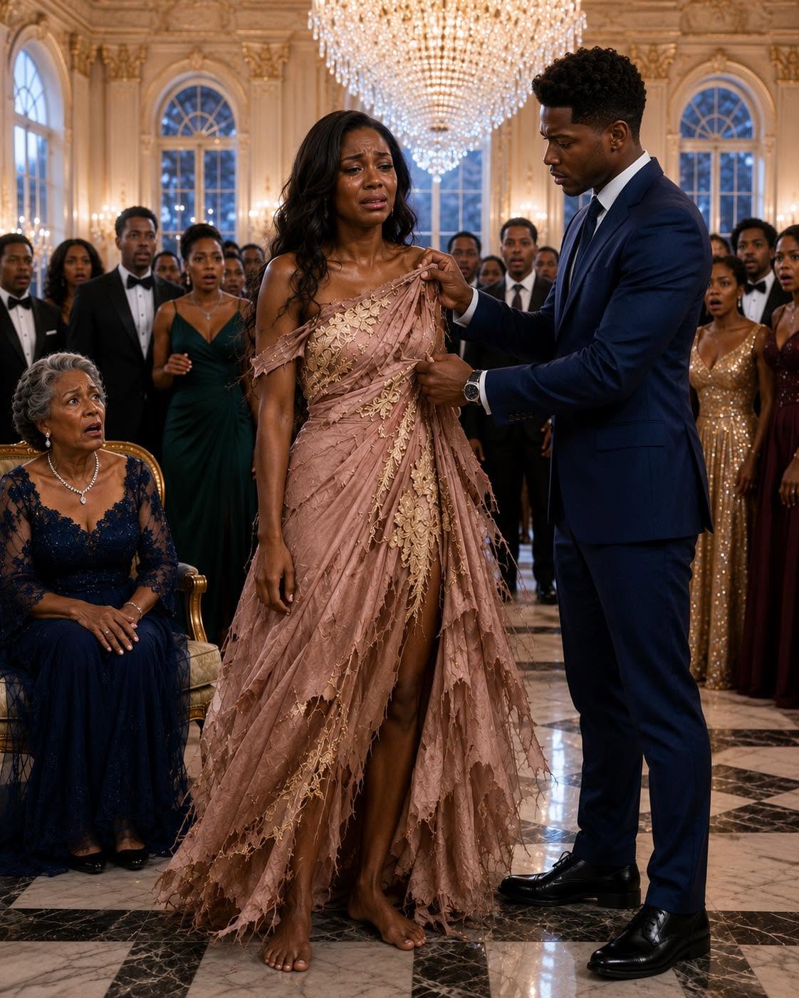 My family forced me to wear an old, worn dress to a grand party, thinking it would make me look poor and invisible. But when the billionaire host saw it, he recognized the hidden golden embroidery inside—and the whole mansion fell silent. 1