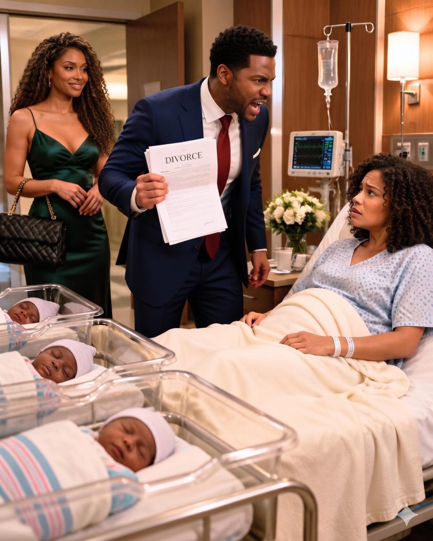 After I delivered our triplets, my husband entered my hospital room with his mistress beside him — proudly holding a He threw the divorce papers onto my bed and said with a cruel smirk, “Look at you. No one would want you now