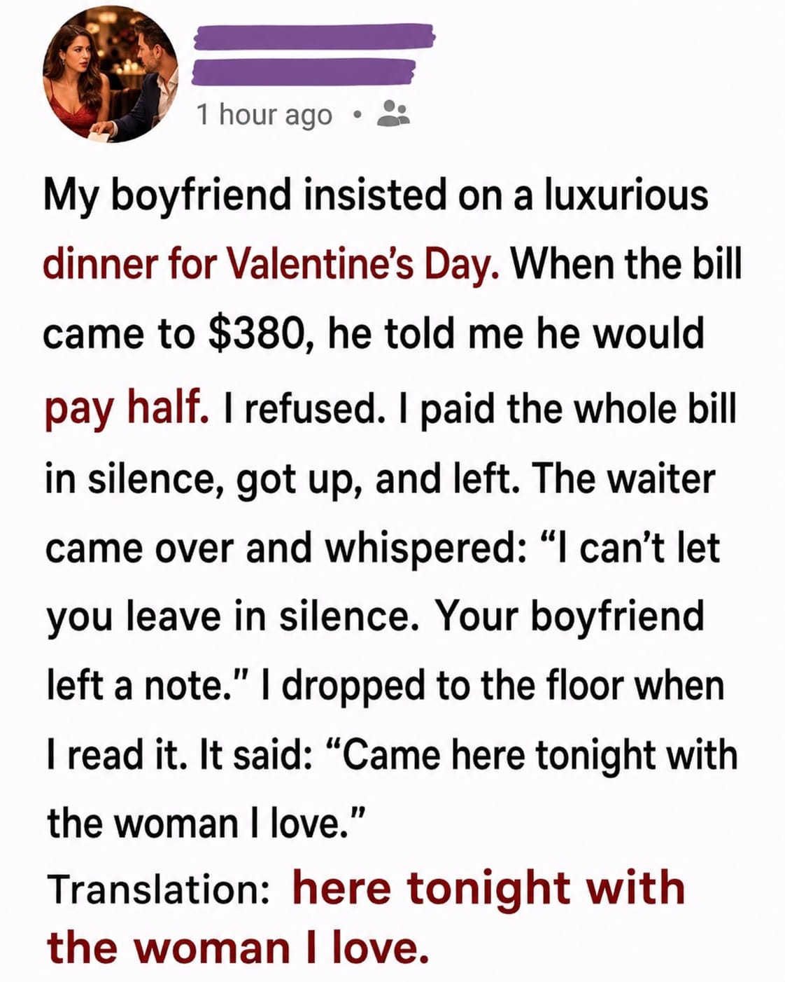 A Valentine’s Day dinner that revealed it all: When a test destroyed seven years together.