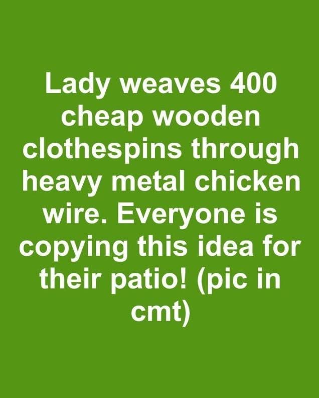 Lady weaves 400 cheap wooden clothespins through heavy metal chicken wire. Everyone is copying this idea for their patio!. Full article